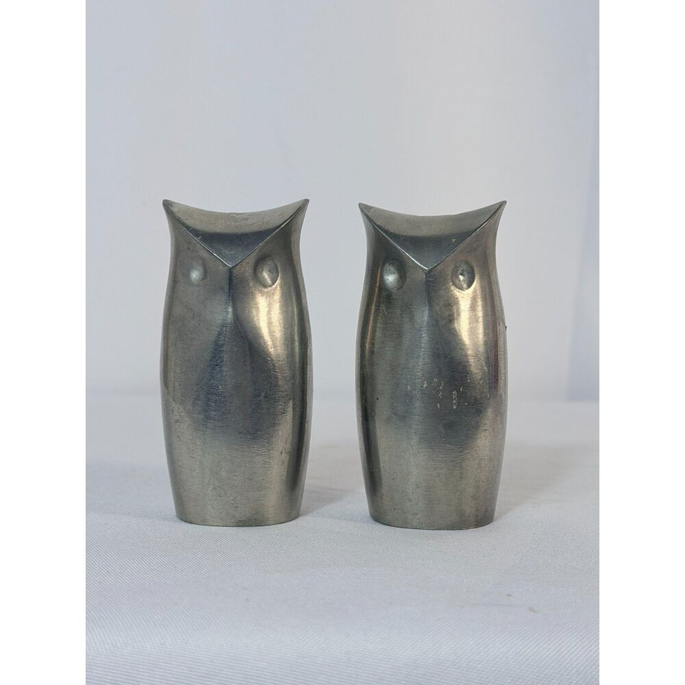 TOWLE Contemporary OWL Salt Pepper Shakers Stylized Sleek Modern Pewter READ 3"
